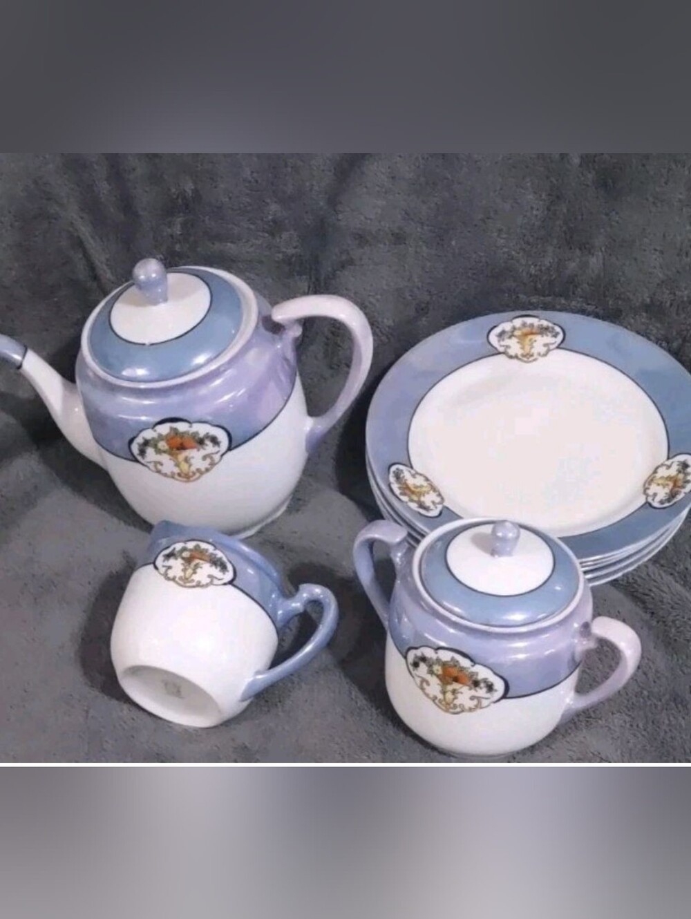 Noritake "M" Tea Set Blue Iridescent Lusterware